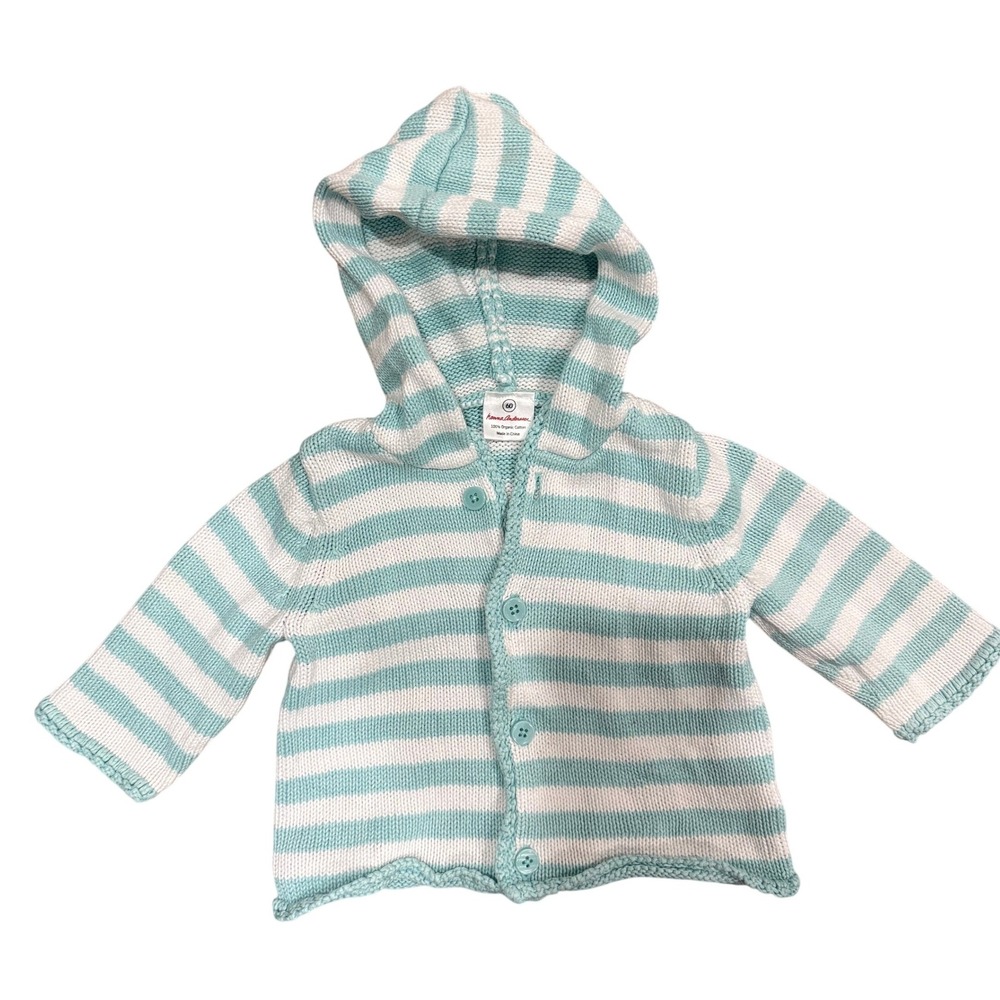 Hanna Andersson Baby Organic Cotton Striped Hooded Cardigan Sweater Mint 60 3-6M